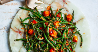Blistered Green Beans with Tomato Almond Pesto